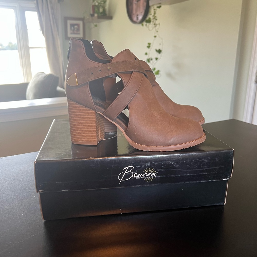 Beacon Tan Ankle Booties with Chunky Heel and Cut-Out Design